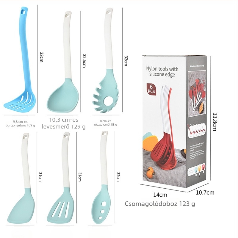 6 darabos szilikon spatula szett függőleges tárolóval, tapadásmentes, hőálló konyhai eszközök