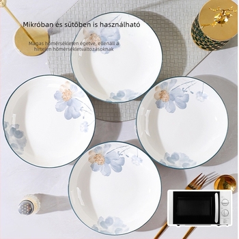 Porcelán étkészlet virágos mintával, otthoni használatra, elegáns megjelenés, kerek tányérok, mikrohullámú sütőben használható.