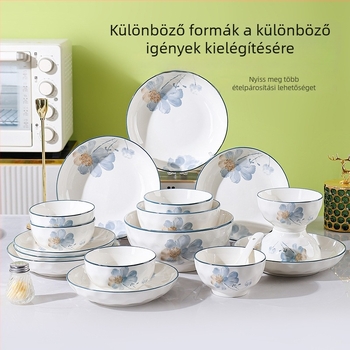 Porcelán étkészlet virágos mintával, otthoni használatra, elegáns megjelenés, kerek tányérok, mikrohullámú sütőben használható.