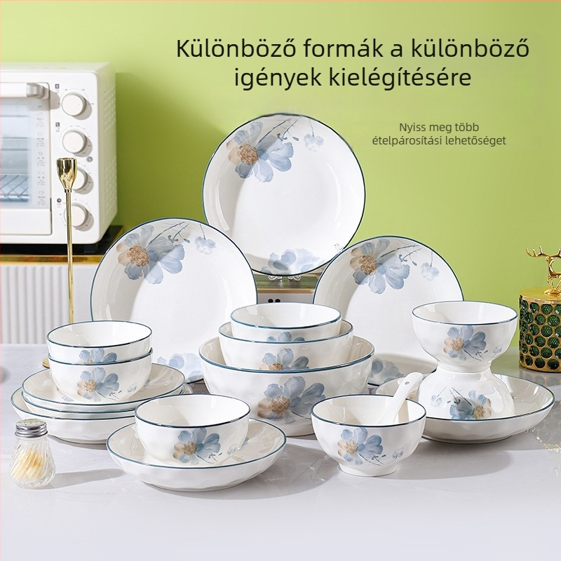 Porcelán étkészlet virágos mintával, otthoni használatra, elegáns megjelenés, kerek tányérok, mikrohullámú sütőben használható.