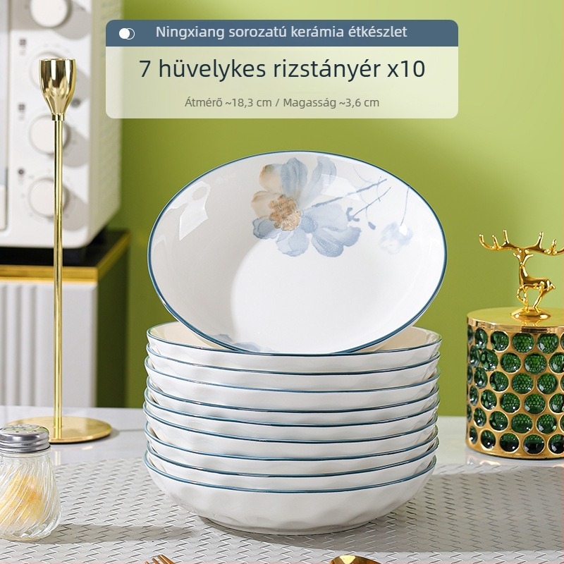 Porcelán étkészlet virágos mintával, otthoni használatra, elegáns megjelenés, kerek tányérok, mikrohullámú sütőben használható.