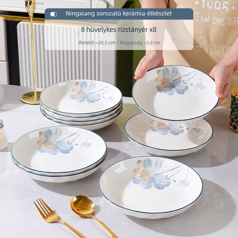 Porcelán étkészlet virágos mintával, otthoni használatra, elegáns megjelenés, kerek tányérok, mikrohullámú sütőben használható.
