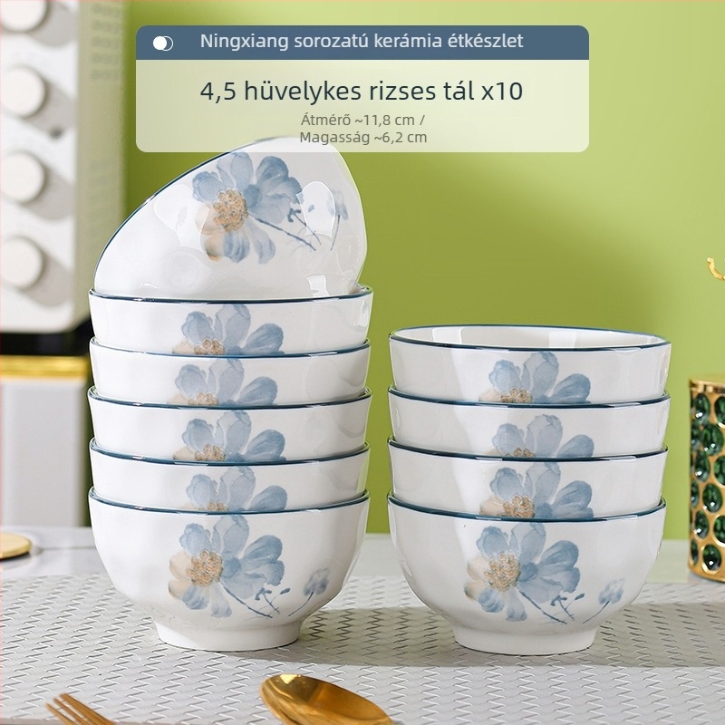 Porcelán étkészlet virágos mintával, otthoni használatra, elegáns megjelenés, kerek tányérok, mikrohullámú sütőben használható.