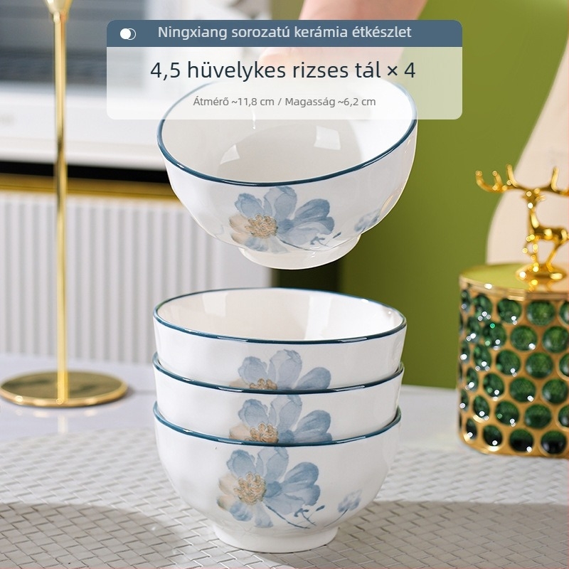 Porcelán étkészlet virágos mintával, otthoni használatra, elegáns megjelenés, kerek tányérok, mikrohullámú sütőben használható.