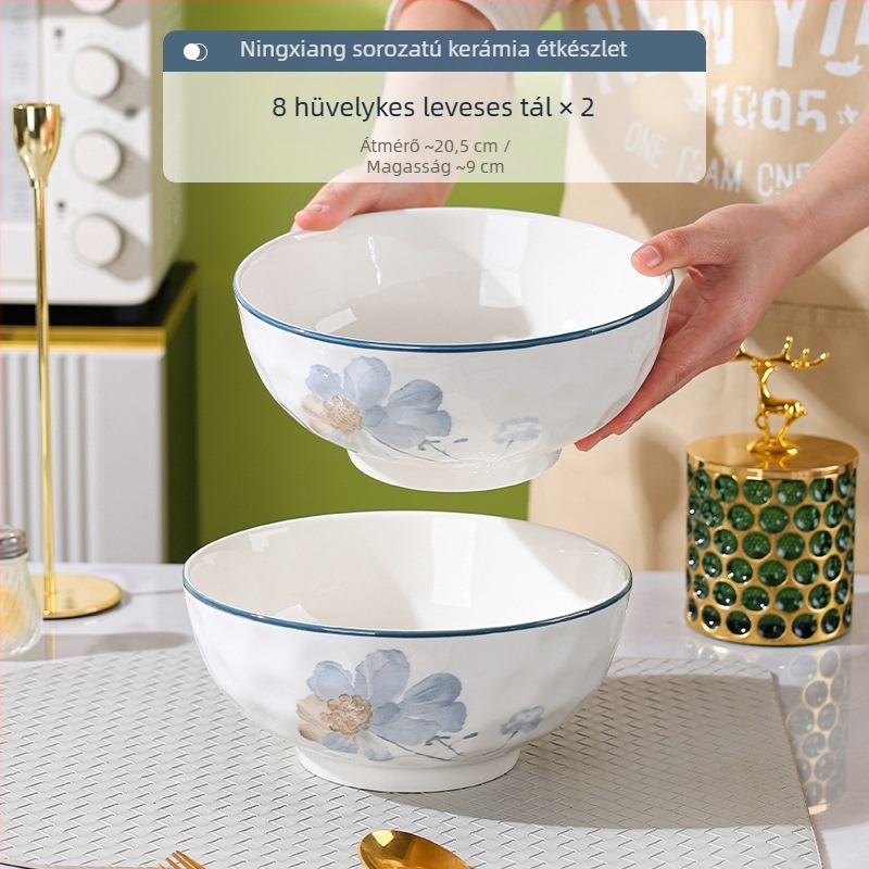 Porcelán étkészlet virágos mintával, otthoni használatra, elegáns megjelenés, kerek tányérok, mikrohullámú sütőben használható.