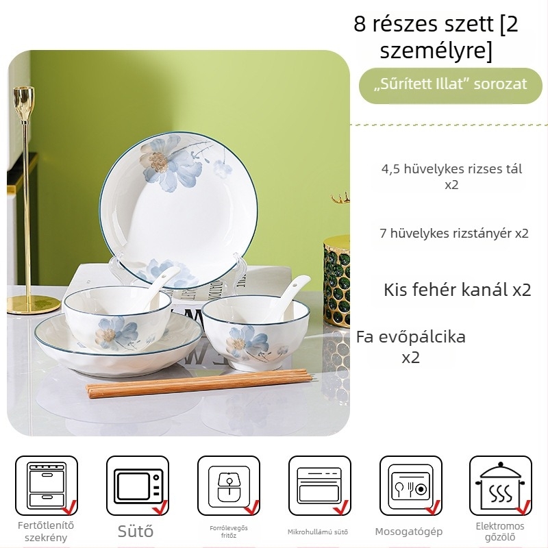 Porcelán étkészlet virágos mintával, otthoni használatra, elegáns megjelenés, kerek tányérok, mikrohullámú sütőben használható.