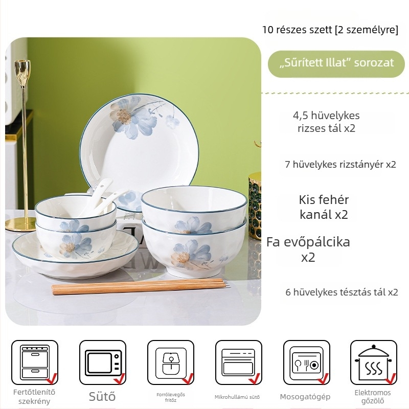 Porcelán étkészlet virágos mintával, otthoni használatra, elegáns megjelenés, kerek tányérok, mikrohullámú sütőben használható.