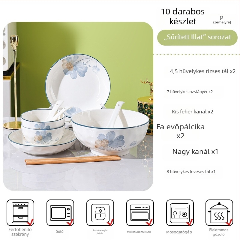 Porcelán étkészlet virágos mintával, otthoni használatra, elegáns megjelenés, kerek tányérok, mikrohullámú sütőben használható.