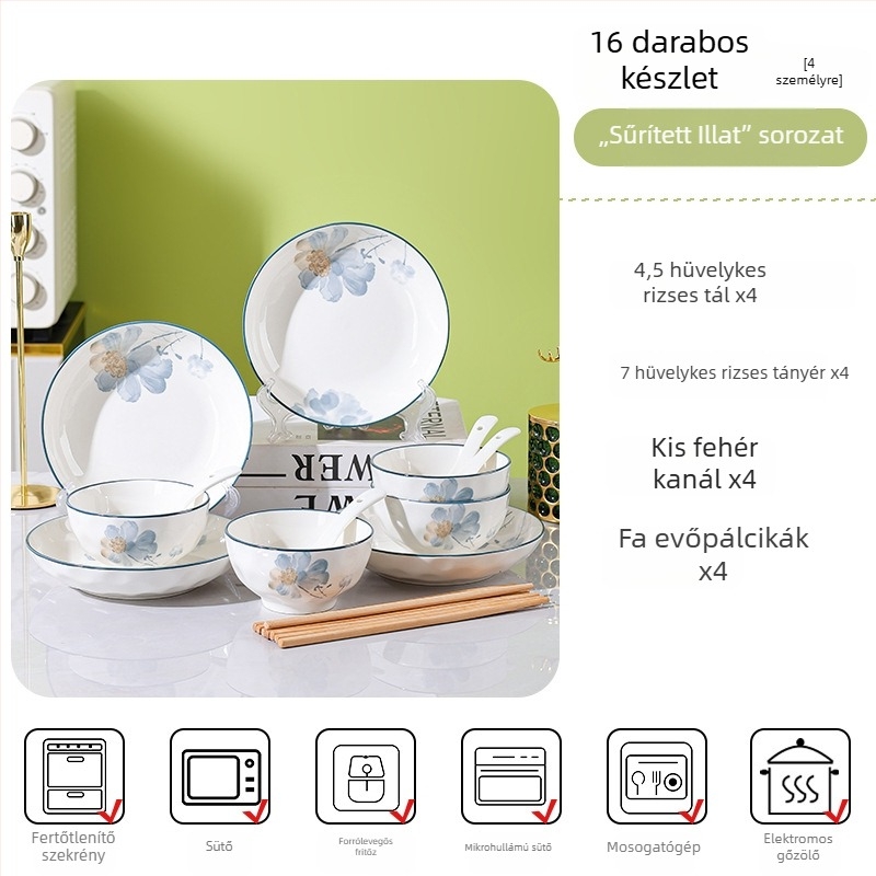 Porcelán étkészlet virágos mintával, otthoni használatra, elegáns megjelenés, kerek tányérok, mikrohullámú sütőben használható.