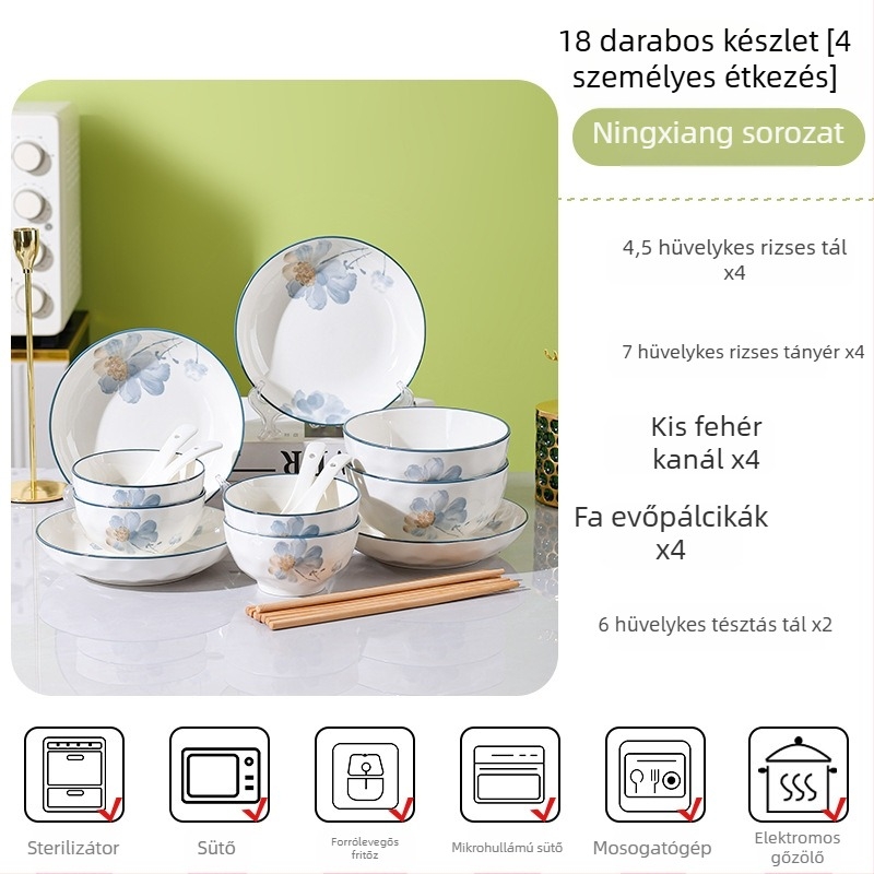 Porcelán étkészlet virágos mintával, otthoni használatra, elegáns megjelenés, kerek tányérok, mikrohullámú sütőben használható.