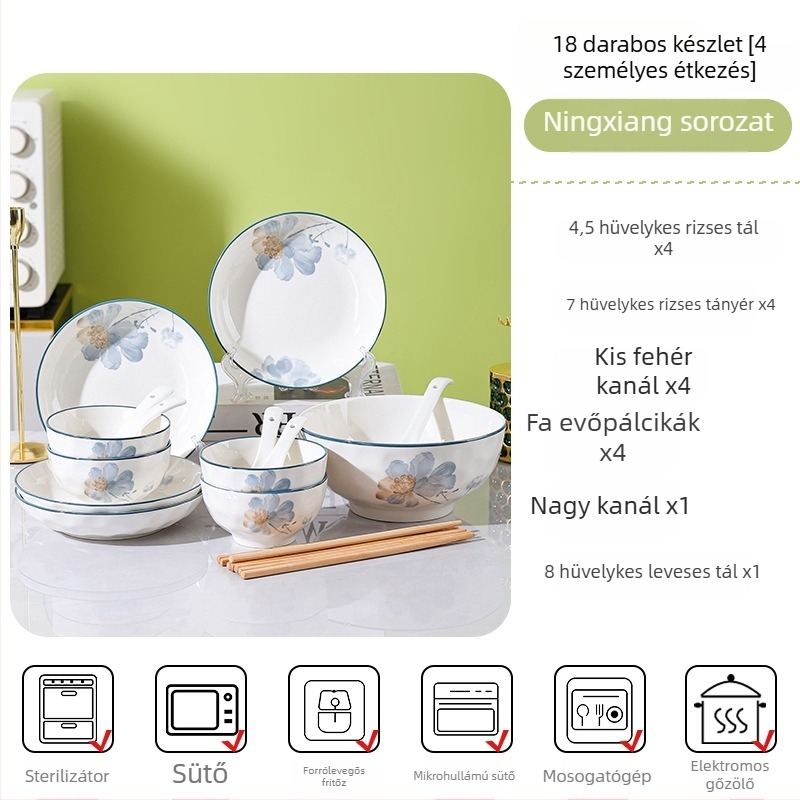 Porcelán étkészlet virágos mintával, otthoni használatra, elegáns megjelenés, kerek tányérok, mikrohullámú sütőben használható.