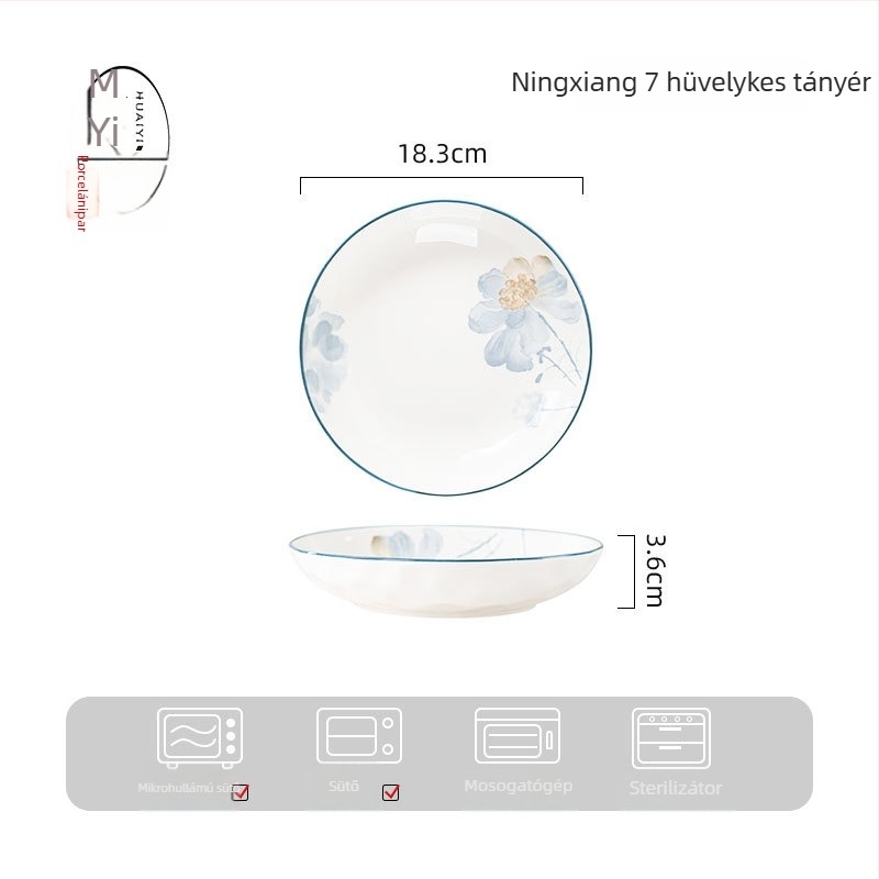 Porcelán étkészlet virágos mintával, otthoni használatra, elegáns megjelenés, kerek tányérok, mikrohullámú sütőben használható.