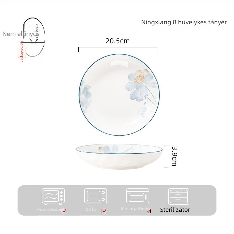 Porcelán étkészlet virágos mintával, otthoni használatra, elegáns megjelenés, kerek tányérok, mikrohullámú sütőben használható.