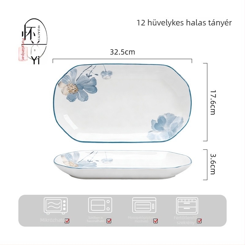 Porcelán étkészlet virágos mintával, otthoni használatra, elegáns megjelenés, kerek tányérok, mikrohullámú sütőben használható.