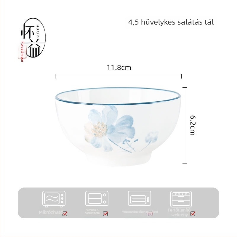 Porcelán étkészlet virágos mintával, otthoni használatra, elegáns megjelenés, kerek tányérok, mikrohullámú sütőben használható.
