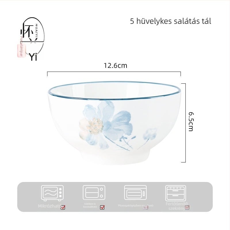 Porcelán étkészlet virágos mintával, otthoni használatra, elegáns megjelenés, kerek tányérok, mikrohullámú sütőben használható.