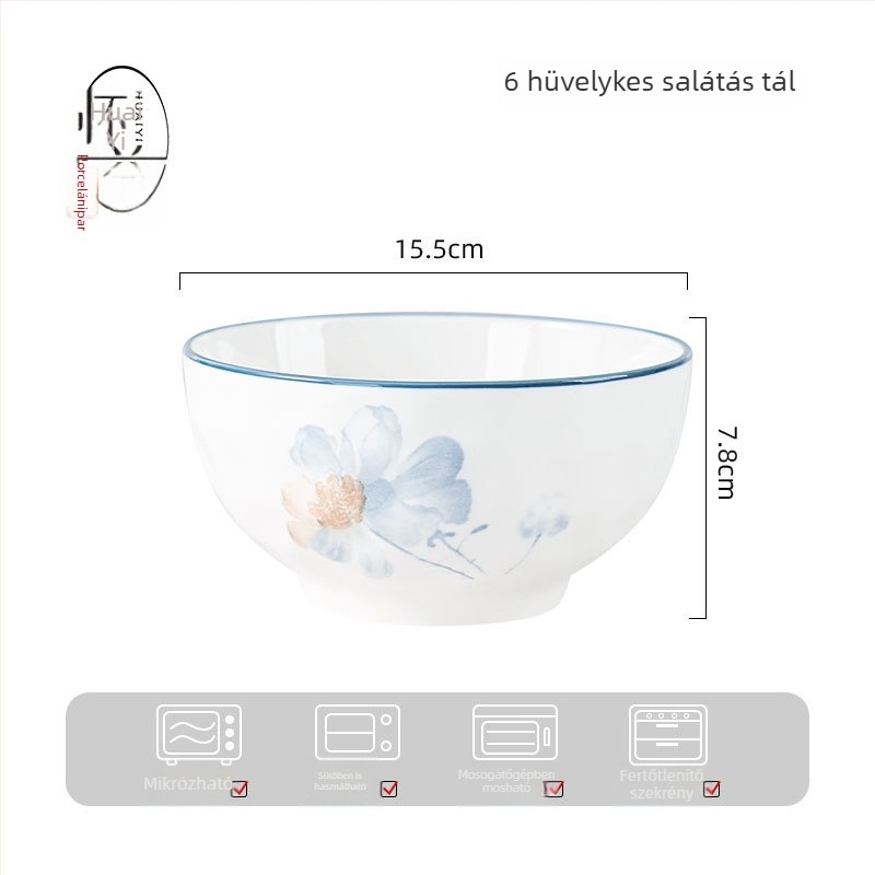Porcelán étkészlet virágos mintával, otthoni használatra, elegáns megjelenés, kerek tányérok, mikrohullámú sütőben használható.