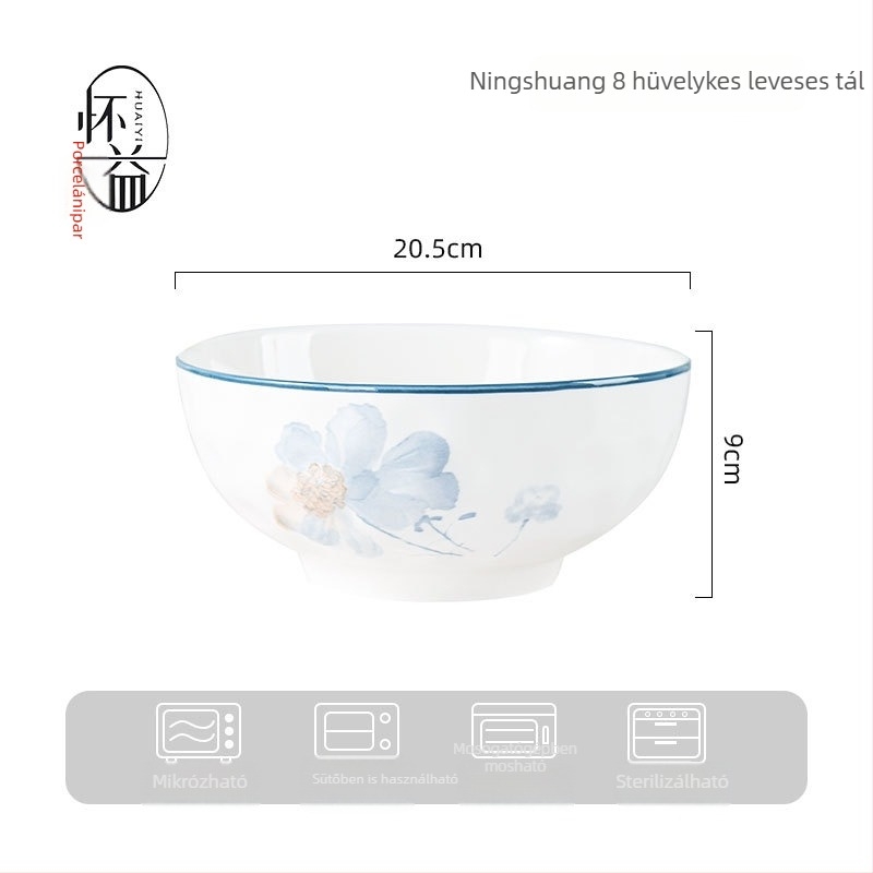 Porcelán étkészlet virágos mintával, otthoni használatra, elegáns megjelenés, kerek tányérok, mikrohullámú sütőben használható.