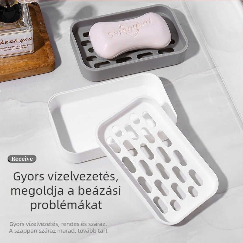 Kreatív kétszintes szappantálca lefolyóval fürdőszobába, szélesebb és vastagabb kialakítású, szappanokhoz és kézműves szappanokhoz