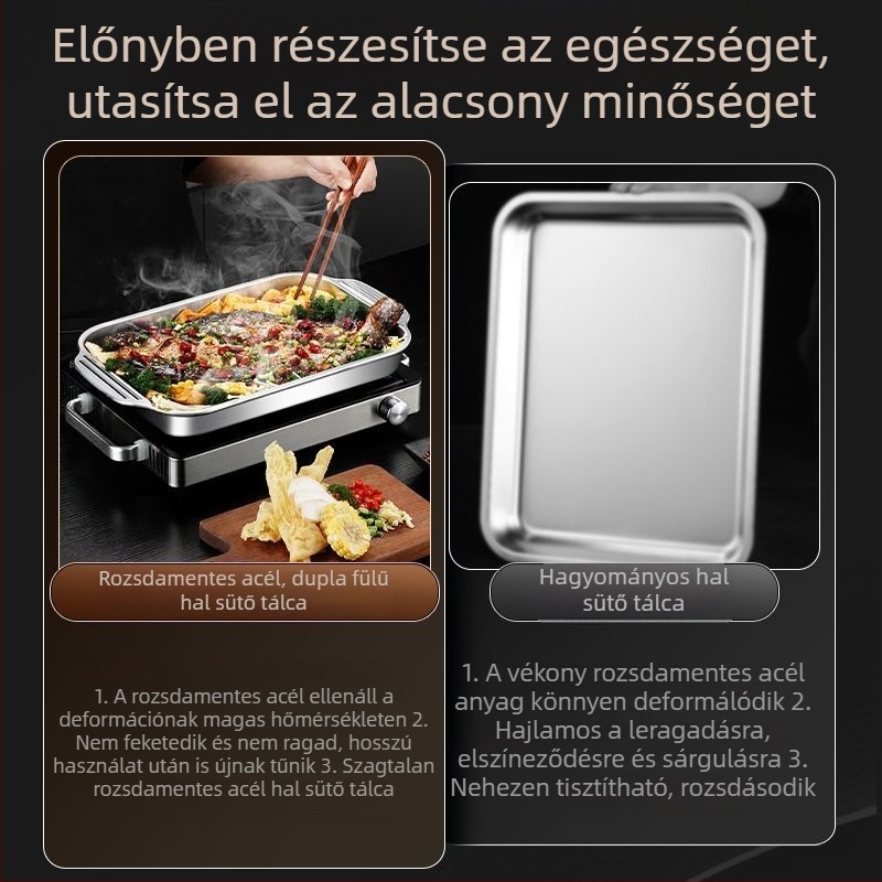 Vastagított rozsdamentes acél grillsütő serpenyő halak és tengeri ételekhez, négyzetes edény, indukcióhoz kompatibilis, otthoni és professzionális használatra