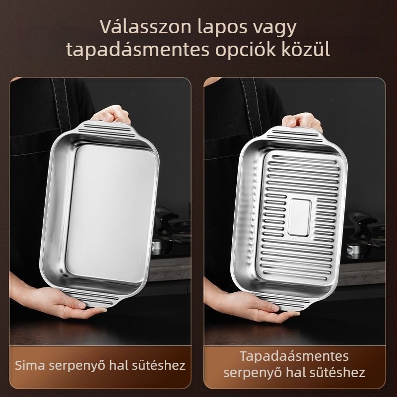Vastagított rozsdamentes acél grillsütő serpenyő halak és tengeri ételekhez, négyzetes edény, indukcióhoz kompatibilis, otthoni és professzionális használatra