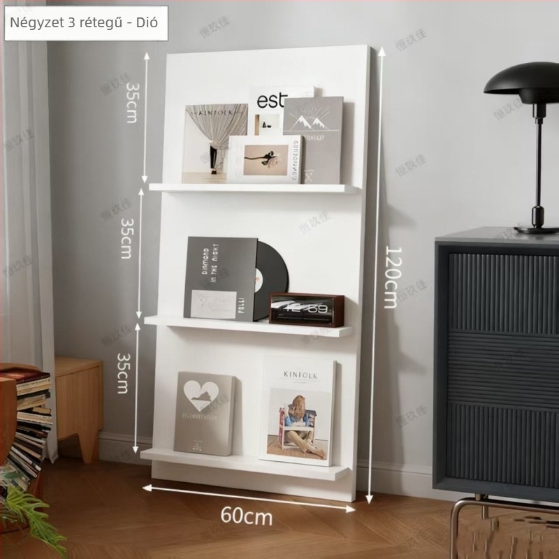 Fából készült, modern minimalist magazin- és újságtartó állvány, padlóra és falra szerelhető, több szintes tároló