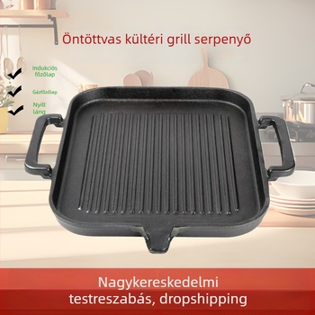 Kültéri öntöttvas grillsütő serpenyő, vastagított kivitelben, kemping és otthoni használatra, bevonat nélküli, indukciós főzőlaphoz kompatibilis