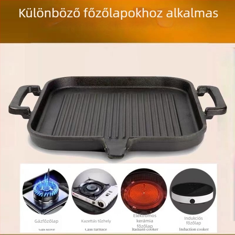 Kültéri öntöttvas grillsütő serpenyő, vastagított kivitelben, kemping és otthoni használatra, bevonat nélküli, indukciós főzőlaphoz kompatibilis