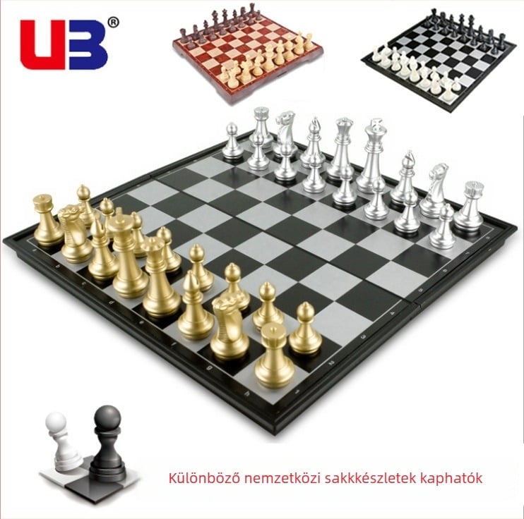 U3 mágneses sakk készlet összecsukható táblával, arany‑ezüst színben, szellemi fejlesztő játék