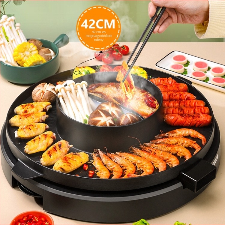 Kerek elektromos grill- és forrófazék, állítható hőmérséklettel, kettős zónás, egy készülékben grillezésre és forralásra