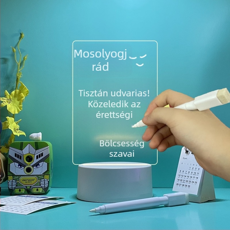 Fényes átlátszó akril jegyzet-tábla, törölhető, otthoni íróasztalhoz, kis fehér tábla lámpával