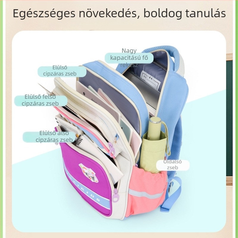 Első osztályos tanulók számára hátizsák, vízálló, könnyű, gerincvédő kialakítással, nagy kapacitású, görbe vállpántokkal, új modell.