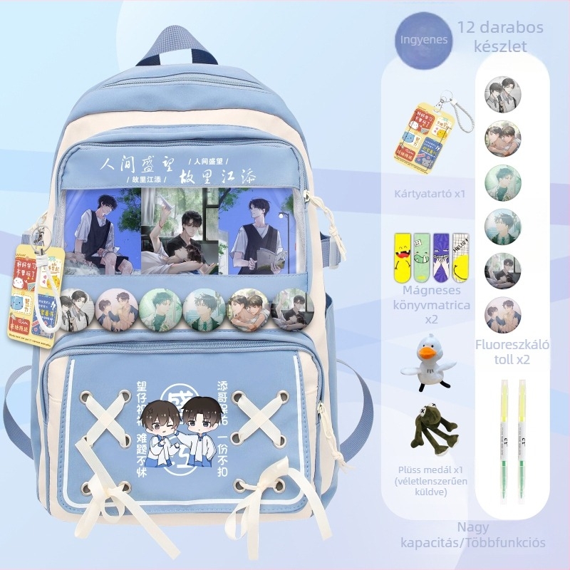 Uniszex iskolai hátizsák aranyos anime-stílusban, Oxford anyagból, laptoprekesszel