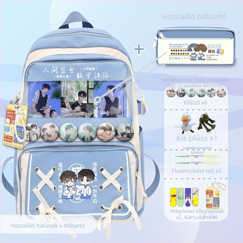 Uniszex iskolai hátizsák aranyos anime-stílusban, Oxford anyagból, laptoprekesszel