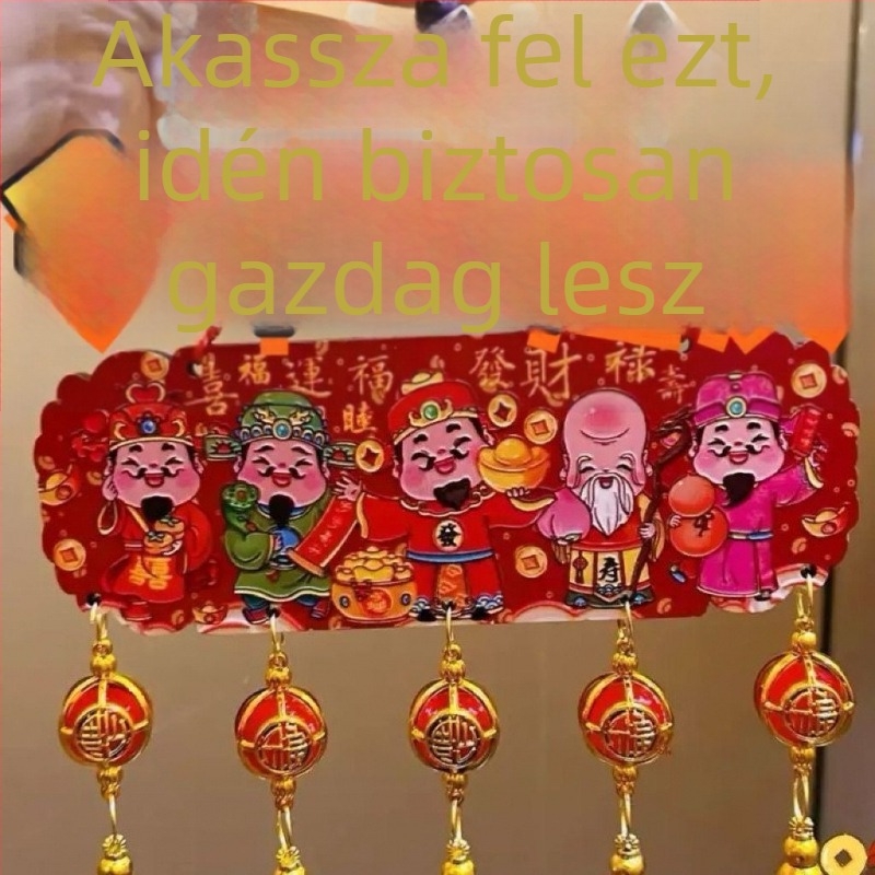 Öt út gazdagság istene medál, kínai stílusú, őszibarackfából készült, bojtokkal и kínai csomóval