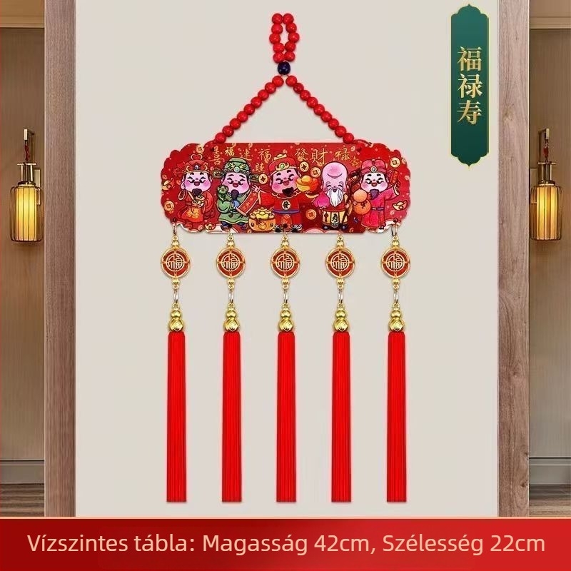 Öt út gazdagság istene medál, kínai stílusú, őszibarackfából készült, bojtokkal и kínai csomóval