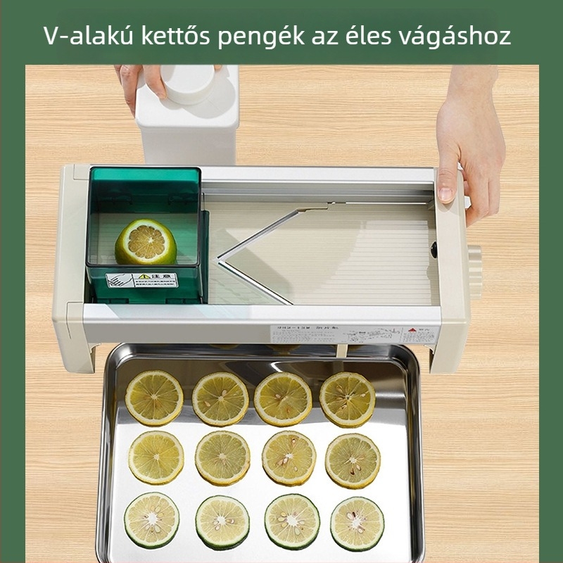 Gyümölcs- és zöldségszeletelő állítható vastagsággal – citromhoz, narancshoz és burgonyához