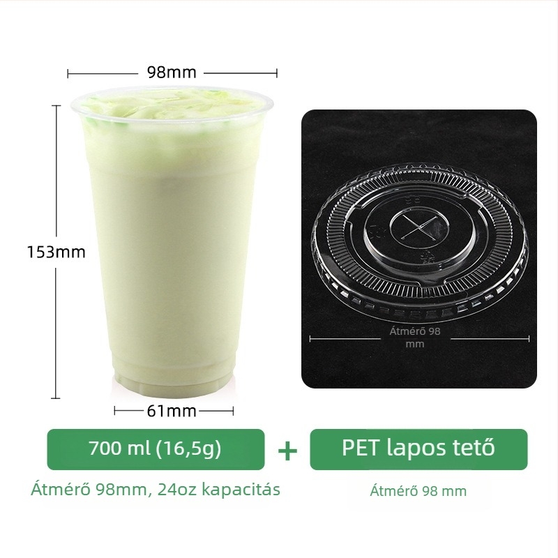 98 mm-es átmérőjű átlátszó egyszer használatos pohár tejes teához, kávéhoz és hideg italokhoz (401–500 ml)
