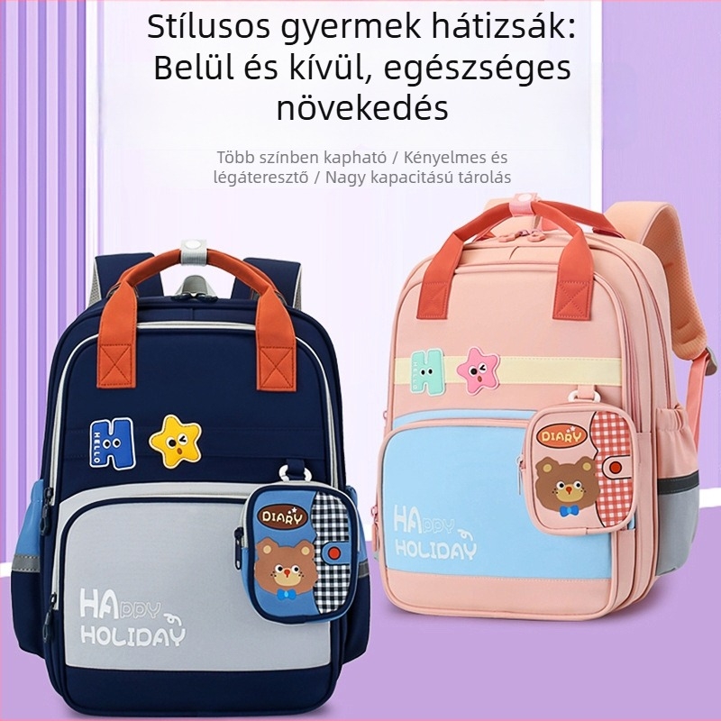 Könnyű gerincvédős iskolatáska első–második osztályosoknak, uniszex gyerekeknek rajzfilm mintával.
