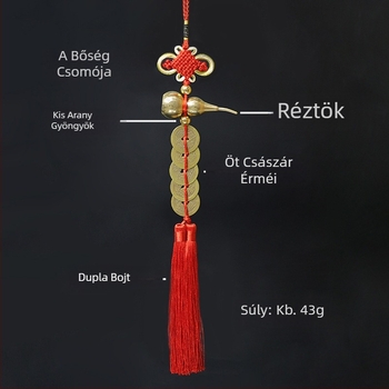 Réz ötvözetű medál Öt Császár pénzeivel, 2.8 mm átmérő, dupla bojt és szerencse csomó – kínai csomó medál
