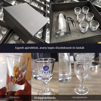 Üveg szeszes italok kóstoló készlet adagolóval, kis poharak, 6–10 darab