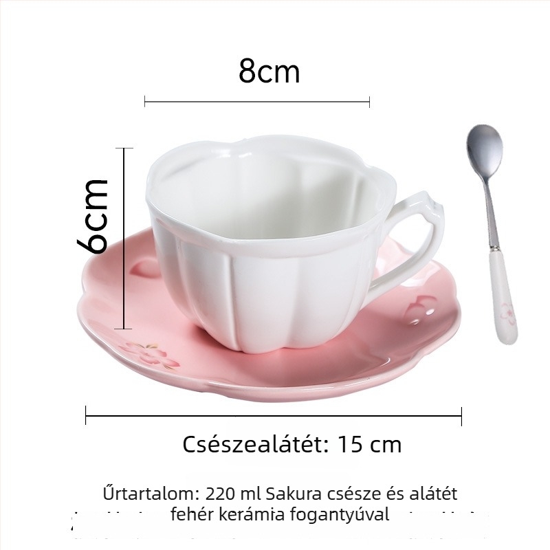 Európai stílusú kávéscsésze és alátét készlet, rózsaszín kerámia virágos mintával