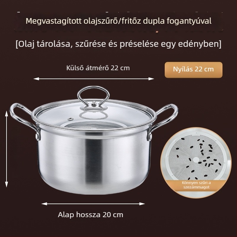 201 rozsdamentes acél olajsütő, vastag testű, háztartási olajtároló tartály kettős fogantyúval, többszörös olajszűrő serpenyő