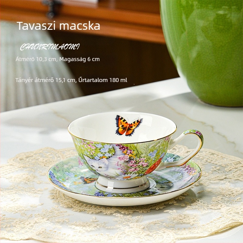 Európai stílusú aranyszegélyes csésze és alátét készlet csontporcelánból – magas lábú kávéscsészék virágos mintával