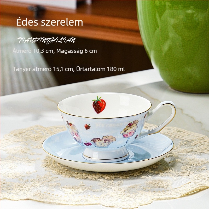Európai stílusú aranyszegélyes csésze és alátét készlet csontporcelánból – magas lábú kávéscsészék virágos mintával