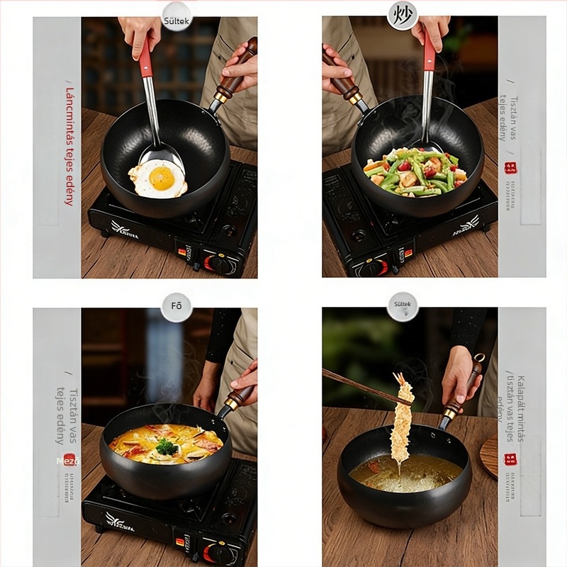 Kézzel kovácsolt vas levesekhez és főzéshez, bevonatmentes, tapadásmentes felület, tejlábas, kézzel készített serpenyő, 24–26 cm, nordic stílus