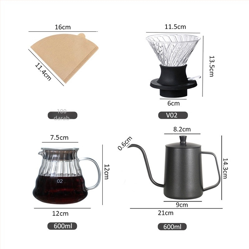 Kézi kávéfőző készlet üveg V60 szűrővel, okos pohárral, megosztható kancsóval és áztatós cseppszűrő készlettel