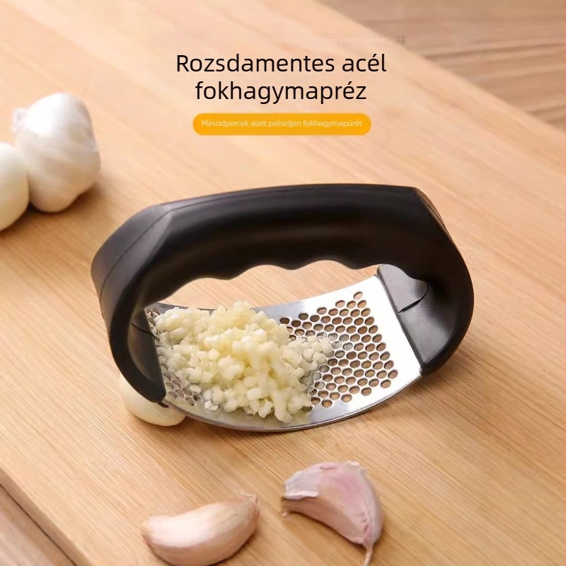 Rozsdamentes acél fokhagymaprés, kézi kör alakú zúzó a fokhagymához, konyhai hámozó