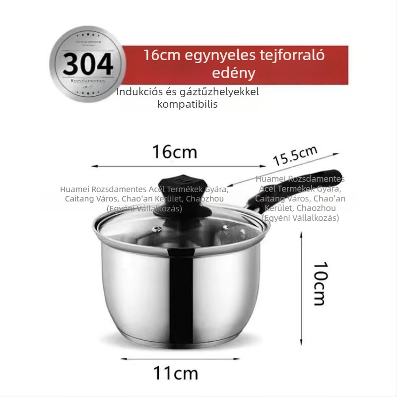 304 élelmiszer-minőségű rozsdamentes acél egykezes tejfőző fazék bébiételhez, otthoni kis leveses fazék üvegfedővel