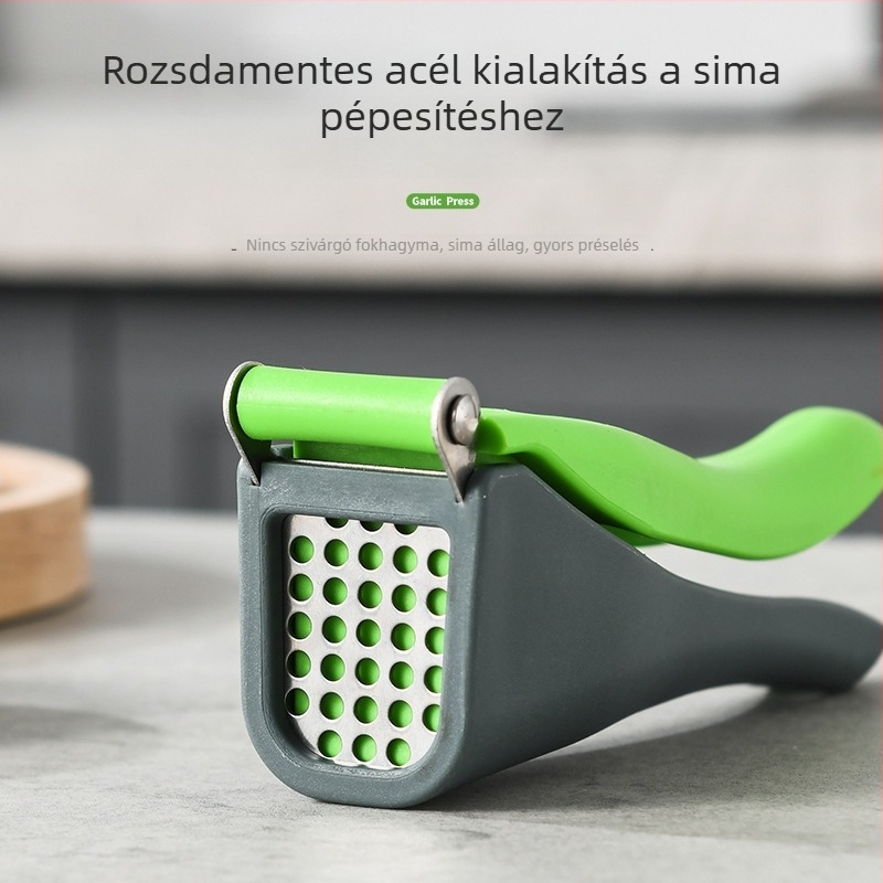 Multifunkcionális fokhagymaprés, kézi működtetésű, 410-es rozsdamentes acélból és műanyagból, fokhagyma hámozóval